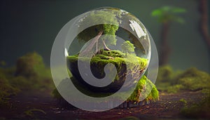 Globe On Moss In Forest Environmental Earth day concept. Ai generated image