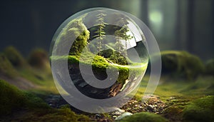 Globe On Moss In Forest Environmental Earth day concept. Ai generated image