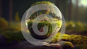 Globe On Moss In Forest Environmental Earth day concept. Ai generated image