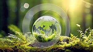 Globe on moss on forest. Generative ai design