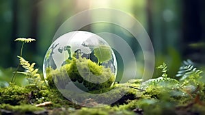 Globe on moss on forest. Generative ai design background concept