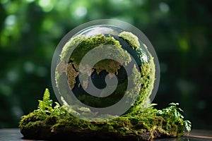 Globe On Moss In Forest, Illustrating Environmental Earth Day Concept