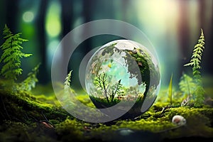 Globe on moss in forest. Natural colors. Generative ai design