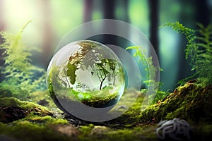 Globe on moss in forest. Natural colors. Generative ai design concept