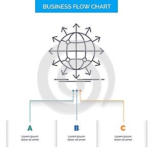 globe, network, arrow, news, worldwide Business Flow Chart Design with 3 Steps. Line Icon For Presentation Background Template