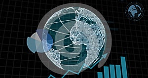 Globe with network connections and financial data image over grid background