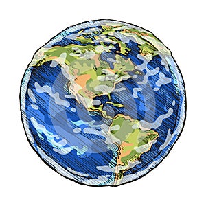 Globe outline colored drawing vector illustration of sketchy