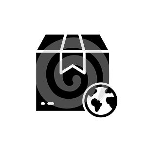 Globe and Parcel Box International Delivery Silhouette Icon. Worldwide Global Shipping Retail Industry Glyph Pictogram
