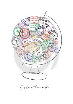 Globe passport stamps lettering explore the world poster