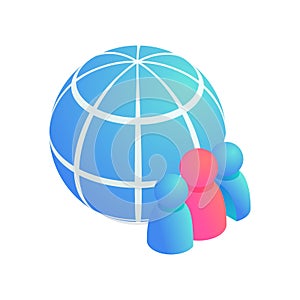 Globe people, global teamwork isometric vector icon. 3d global business, social media network users, Internet