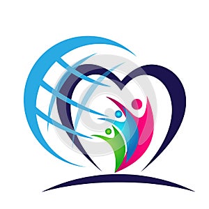 Globe People union in heart family care logo icon winning happiness together team work success wellness icon on white background