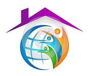 Globe People union in home house family care logo icon winning happiness together team work success wellness on white background