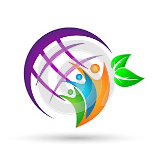 Globe People union world globe family care logo icon winning happiness together team work success wellness green leaves icon