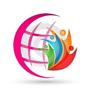 Globe People union world globe family care logo icon winning happiness together team work success wellness on white background