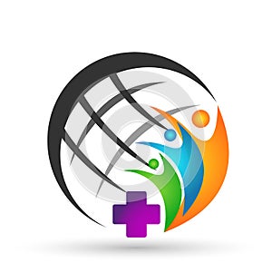 Globe People union world globe family care medical logo winning happiness together team work success wellness logo icon