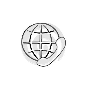 Globe and phone receiver hand drawn outline doodle icon.