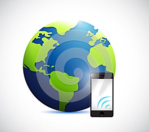 Globe and phone with signal illustration