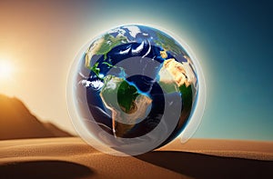 Globe placed in desert under azure sky, surrounded by natural environment