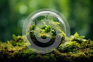Globe Placed On Moss In Forest, Illustrating Environmental Earth Day Concept