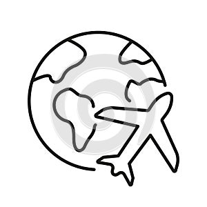 Globe with Plane Line Icon. Travel Around World Linear Pictogram. Airplane with Planet Earth Outline Symbol. Air