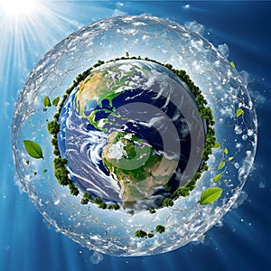 Globe planet earth covered with vegetation isolated with ice on blue bg sun rays, post banner