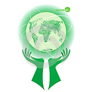 Globe, planet Earth. Earth Day, protect the environment day. World in our hands, help for nature. Environmental