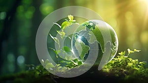 globe planet earth in forest with sunlight green energy and environmental concept