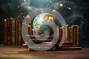 Globe of planet earth and pile of old books, world book day, reading and learning new skill, knowledge is power, education concept