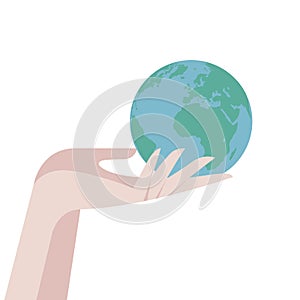 Globe, planet in female hand. Ecology. Protect nature. World. Sign and symbol of globalization. Earth day concept. Flat vector