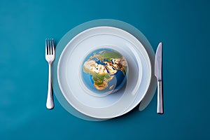 Globe on a plate for food on a blue background. Power, economy, politics, globalism, hunger, poverty and world food concept