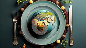 Globe on a plate with fork and knife on a light background Wworld Food Day concept background wallpaper