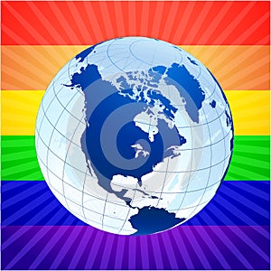 Globe with rainbow background for gay rights