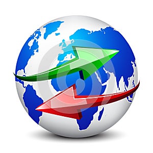 Globe and red and green arrows on white background