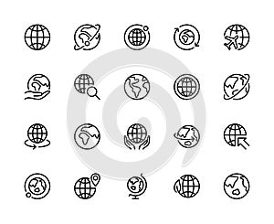 Globe related outline vector line icons. Isolated icon collection on white background. Globe symbol vector set.