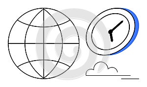 Global Connectivity and Time Management Concept with Globe, Clock, and Cloud Elements