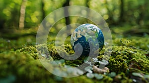 Globe resting on moss in a forest - concept of environment - Europe and Africa