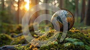 A globe resting on moss in a forest - Europe and Africa - concept of the environment