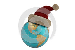 Globe with santa hat isolated on white background.3D illustration.