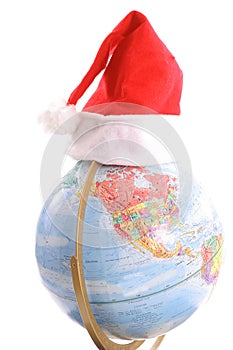 Globe with santa hat vertical upclose