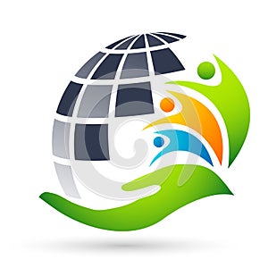 Globe save world earth People care kids children taking care people save protect family care logo icon element vector desing