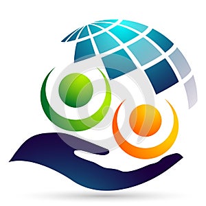 Globe save world People care hand taking care people save protect family care logo icon element vector design