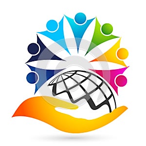 Globe save world People care hand taking care people save protect family care logo icon element vector design