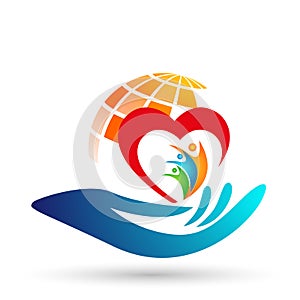 Globe save world People  care Hands taking care people save protect family care logo icon element vector on white background