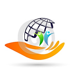 Globe save world People care Hands taking care people save protect family care logo icon element vector on white background.