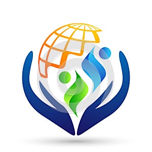 Globe save world People care Hands taking care people save protect family care logo icon element vector on white background.