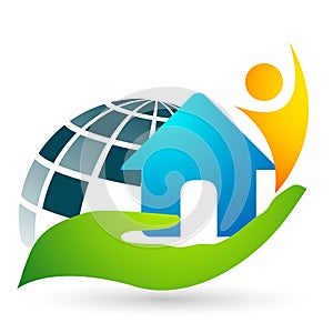 Globe save world People care Hands taking  care people save protect world earth care logo icon element vector on white background