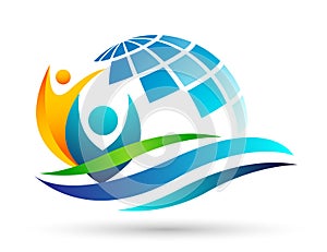 Globe save world People care sea water wave  taking care people save protect family care logo icon element vector desing