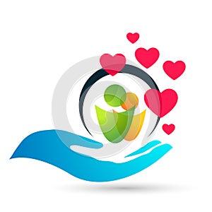 Globe save world People hearts care hands taking care people save protect family care logo icon element vector desing