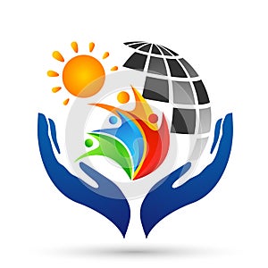 Globe save world sun People care Hands taking care people save protect family care logo icon element vector on white background.