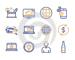Globe, Seo internet and Online shopping icons set. Communication, Engineer and Idea signs. Vector